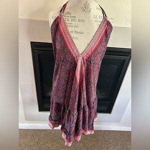 Mt Collection SILK tiered beachy dress one size bohemian flowy resort luxury NEW